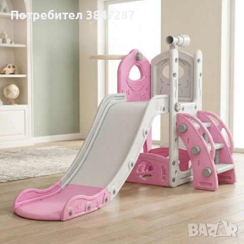 Детска Пързалка 3 в 1 със Стълба, Баскетболен Кош и Телескоп Розова, снимка 5 - Играчки за стая - 54328518