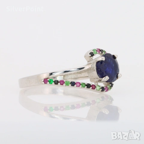 Сребърен пръстен със Сапфир Royal Blue, Рубини и Цаворити със сертификат , снимка 3 - Пръстени - 54640234