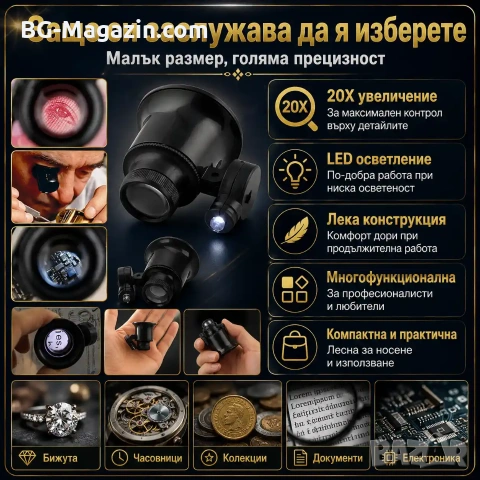 Мощна увеличителна лупа за глава око с лед осветление 20 Х очила за часовникари бижутери ремонт, снимка 6 - Други инструменти - 50921230