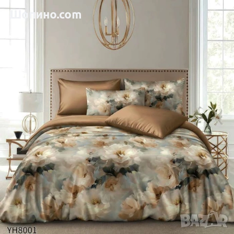 Флорални десени от памучен сатен с ластик, 4 части   4 части, двоен комплект С ЛАСТИК, снимка 2 - Спално бельо - 54068590