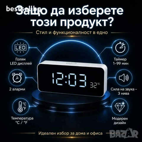 Луксозен електронен часовник с големи цифри дигитален с аларма, снимка 6 - Други - 46065398