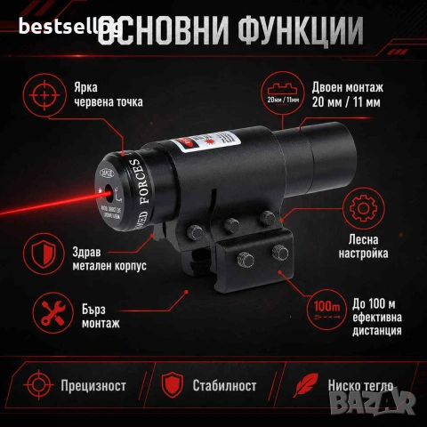 Компактен червен лазерен мерник прицел с универсален монтаж 11мм / 20мм, снимка 2 - Ножове - 9916152