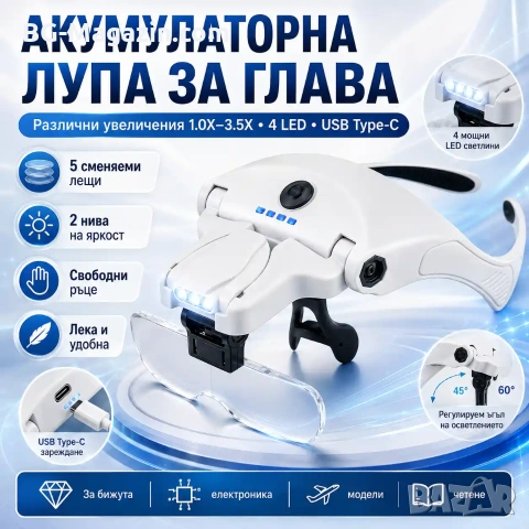 Акумулаторна лупа за глава с различни увеличения и LED осветление за четене шиене бродиране гоблени, снимка 8 - Други инструменти - 54027220