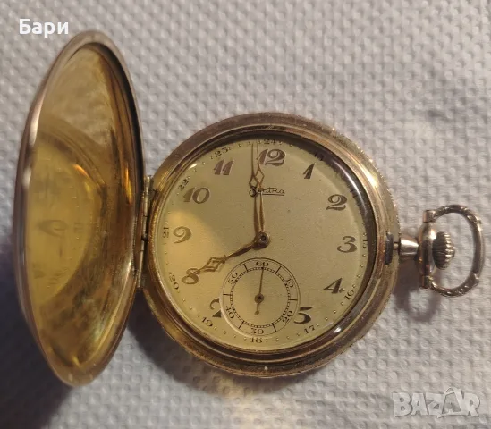 Стар позлатен Au20 джобен часовник Zentra, снимка 2 - Антикварни и старинни предмети - 55439433