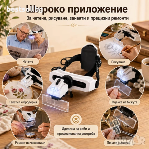 Увеличителна лупа за глава с LED осветление за четене шиене гоблени, снимка 7 - Други инструменти - 31925202