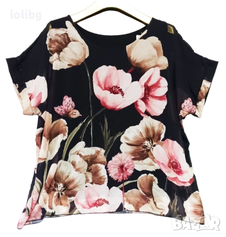 Италианска дамска блуза ЦВЕТЯ НА ЧЕРЕН ФОН XL размер.