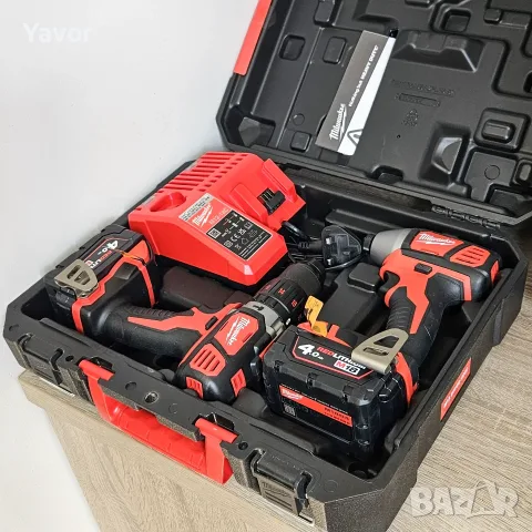 НОВ комплект Milwaukee M18 ударен гайковерт и винтоверт с 2 батерии 4Ah, зарядно и куфар, снимка 2 - Винтоверти - 55415587