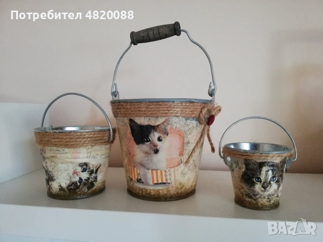Метални кашпи с котета РЪЧНА декорация 3бр. ПАКЕТНА цена