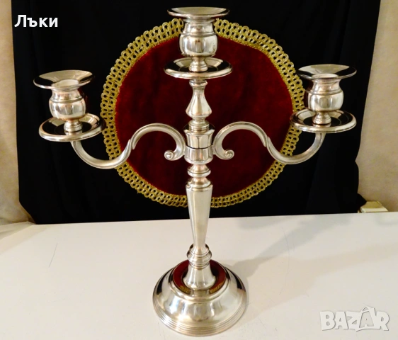 Посребрен троен свещник,чиста мед,35 см.,1.1 кг. , снимка 2 - Антикварни и старинни предмети - 54101805