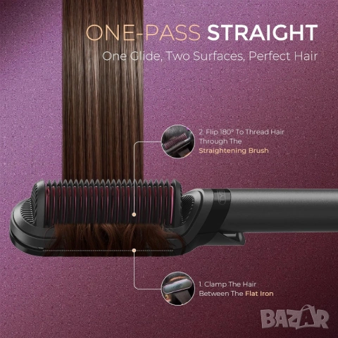 Четка преса за коса TYMO Flat Iron Hair Straightener Brush 2 in 1 200M Ions Ceramic Black, снимка 6 - Преси за коса - 54683636