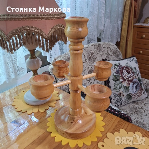 Нов голям дървен свещник за 5 свещи, снимка 5 - Декорация за дома - 55206707