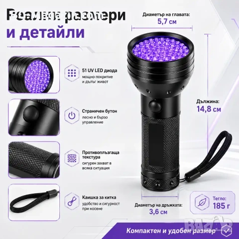 Мощен UV фенер LED ултравиолетова светлина ув фенерче за камък смола кръв урина професионален, снимка 3 - Къмпинг осветление - 51027854