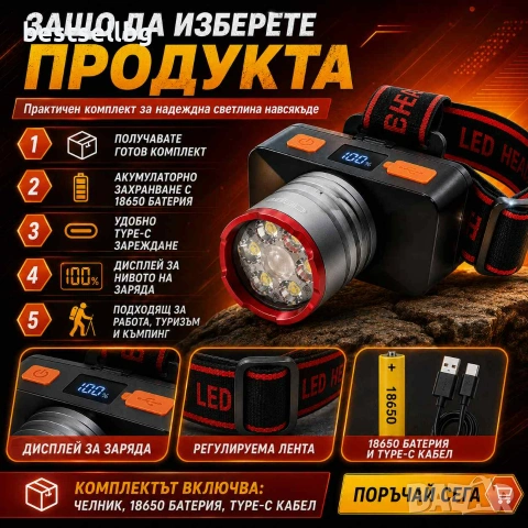 Акумулаторен LED челник COBA High Light Head Lamp с 18650 батерия Type-C зареждане и дисплей, снимка 5 - Къмпинг осветление - 55154434