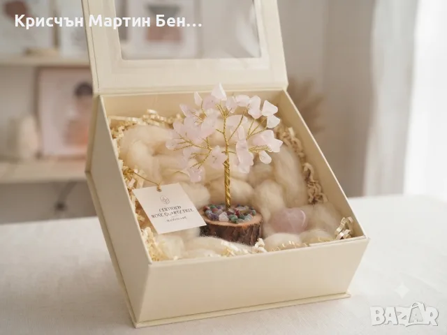 Декоративно дръвче на щастието от розов кварц с дървена основа, снимка 4 - Арт сувенири - 55478265