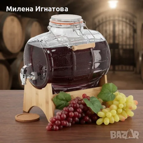 Стъклен диспенсър за напитки 8L, с кран и бамбукова поставка, снимка 2 - Буркани, бутилки и капачки - 55604023