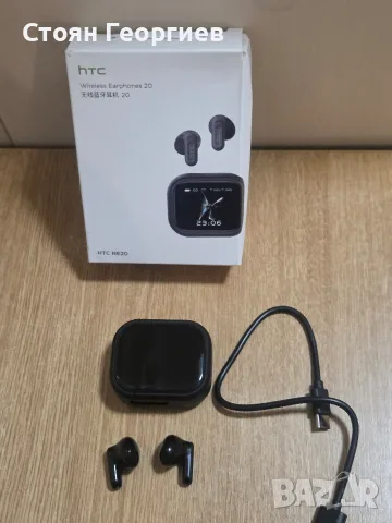 безжични слушалки HTC Ne20 с LED дисплей на кутията за зареждане.Те поддържат Bluetooth 5.4 