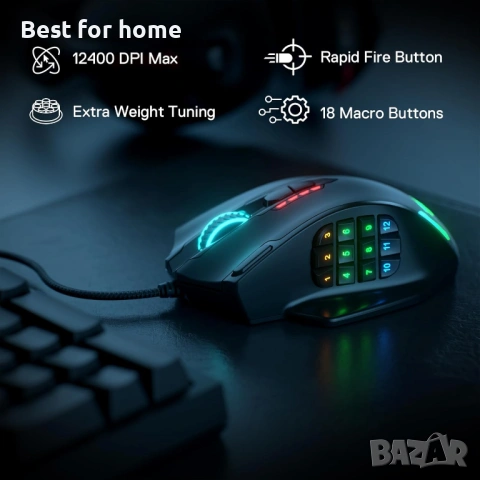 Геймърска мишка Redragon M908 Impact RGB LED MMO с 12 странични бутона, оптична, снимка 2 - Клавиатури и мишки - 54572764