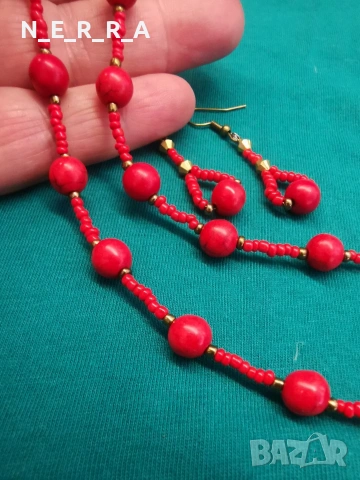 Колие и обици от червен тюркоаз, снимка 3 - Бижутерийни комплекти - 54342792