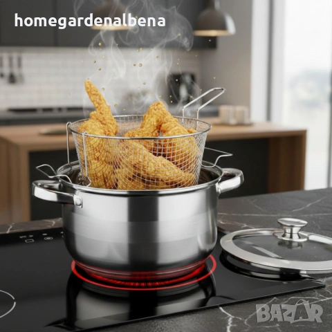Тенджера с кошница за пържене и стъклен капак Cheffinger Ø24 см инокс 6.5 л индукция, снимка 2 - Съдове за готвене - 54165697