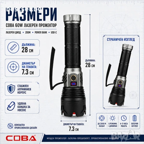 Мощен прожектор с лазерен диод 60W 2000м обхват Zoom Power Bank USB-C ръчен LED фенер за лов риболов, снимка 6 - Къмпинг осветление - 54109986