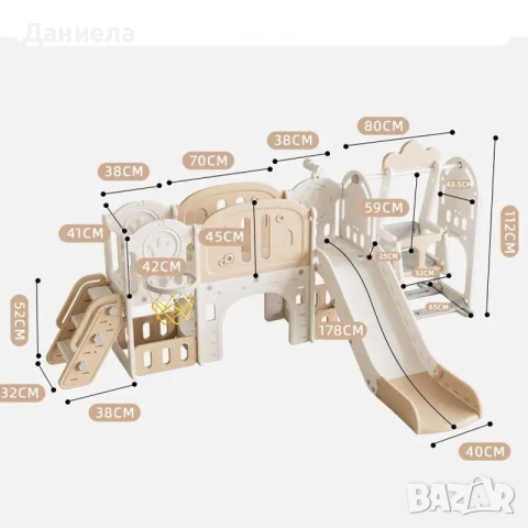 Детски приключенски център за игра 11 в 1 с пързалка, катерушка, люлка и баскетболен кош – кафяв, снимка 5 - Други - 55287020
