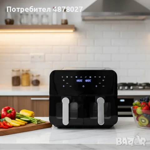 Двоен фритюрник с горещ въздух Cheffinger 9 л  с дигитален дисплей, стъклен прозорец и 360° циркулац, снимка 3 - Фритюрници - 55687983