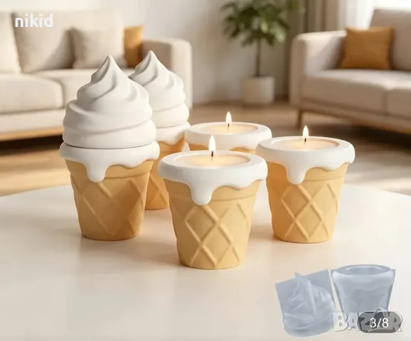 3D Кофичка фуния със сладолед 2 части силиконов молд форма фондан смола свещ шоколад гипс, снимка 4 - Форми - 55355334