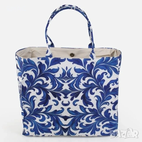 Дамска летна чанта tote бяла със синя пейсли шарка 40x34см_1261999