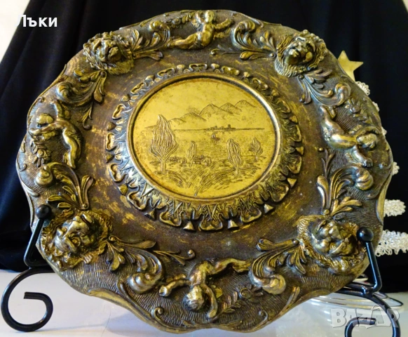 Бронзова чиния с лъвски глави,ангели,пейзаж,печат. , снимка 2 - Антикварни и старинни предмети - 54728388