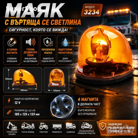 Мощен LED Сигнална Лампа Маяк с магнит 12v за автомобил кола пътна помощ атв и др.