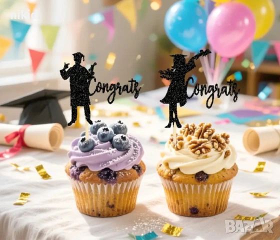 12 бр Бал Абитуриент Congrats завършване дипломиране топери украса декор за мъфини кексчета торта 