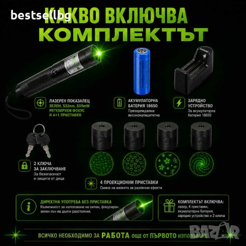 Мощен акумулаторен зелен лазер с приставки фигури за деца нов модел, снимка 6 - Други инструменти - 40798509