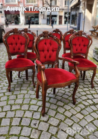 Комплект от 6 трапезни стола с червена плюшена дамаска, снимка 2 - Столове - 53983502