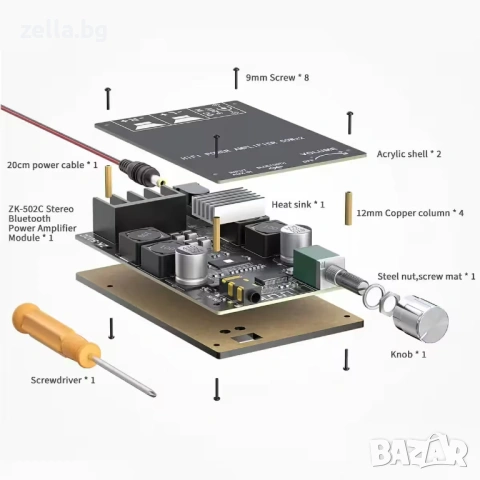 Bluetooth 5.0 стерео аудио усилвател 2x50W TPA3116D2 – Hi-Fi клас D, за DIY пасивни тонколони 10281, снимка 4 - Тонколони - 54662338