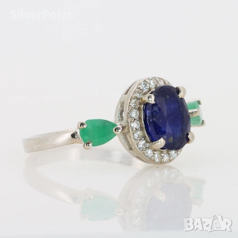 Сребърен пръстен с голям Сапфир Royal Blue и Изумруди със сертификат , снимка 2 - Пръстени - 54480742