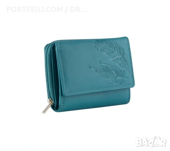 Портмоне Friedrich, Eстествена козя кожа, RFID защита, перо, тюркоаз