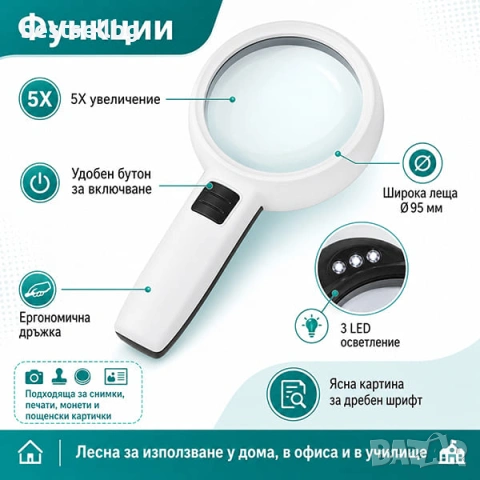 Професионална увеличителна ръчна лупа с LED осветление голяма мощна 5X, снимка 3 - Други инструменти - 35891595
