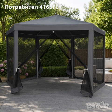 Шестоъгълна сива градинска шатра 2x2x2x2.5 м с мрежа против комари, 2 входа и здрава стоманена конст, снимка 6 - Градински мебели, декорация  - 54752333