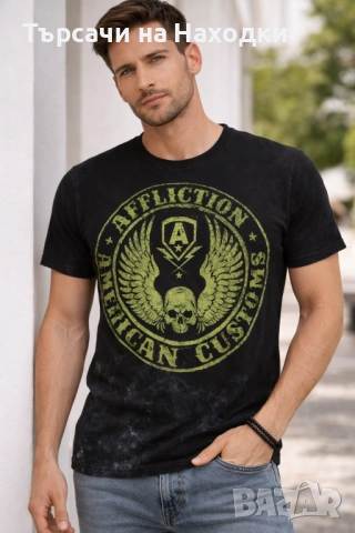 Мъжка тениска Affliction American Customs Black & Green Skull, снимка 2 - Тениски - 50872727