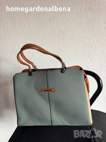 Дамска чанта тоут мента сейдж текстил кафяви дръжки пролетна