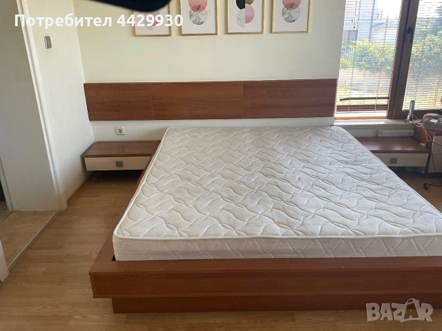 Large Double bed, mattress, built in side tables and headboard., снимка 2 - Спални и легла - 55101204