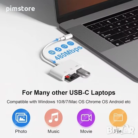 Четец на карти адаптер USB - C за USB SD TF карти памет, снимка 2 - Друга електроника - 54685632