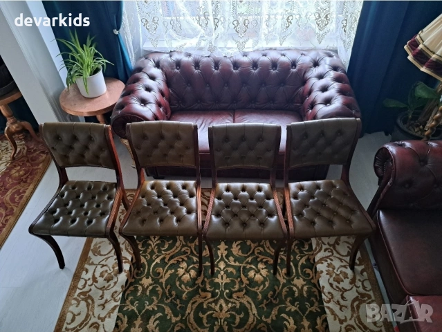 4 оригинални стола Chesterfield от естествена кожа 