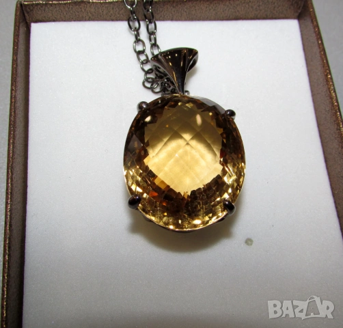 925 сребърно колие с родиево покритие камък цитрин 50 карата