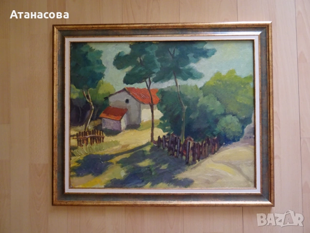 Авторска картина "Селски пейзаж" масло платно 1980 г, снимка 9 - Картини - 54488488