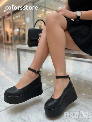 Обувки на платформа - черна кожа - FG23 