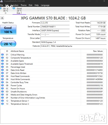 XPG GAMMIX S70 Blade 1TB NVMe SSD (PCIe Gen4 x4) 100% като нов 63 дни, снимка 2 - Твърди дискове - 55565882