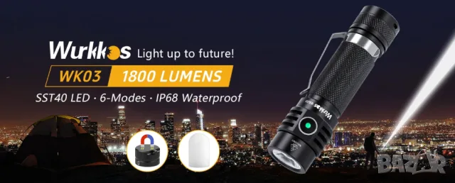 Мощно Тактическо Фенерче EDC Wurkkos WK03 1800LM Luminus SST40 LED IP68 18650 ATR TIR Оптика 90° Лъч, снимка 14 - Екипировка - 55296226