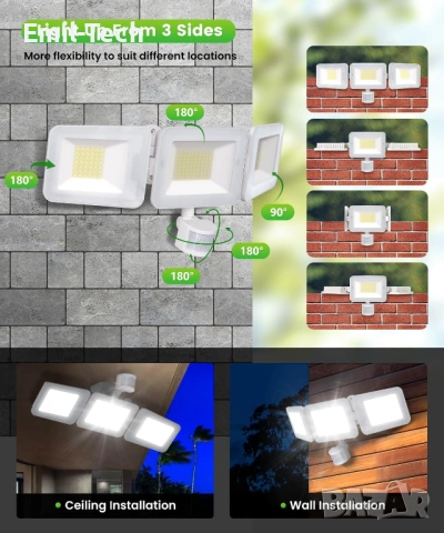 Мощен LED прожектор MEIHUA 100W, 9600LM, 3 глави, сензор и дистанционно, снимка 9 - Прожектори - 54779713