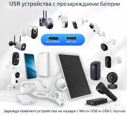 4W 5V Соларен панел с USB-C за охранителни камери, телефони и външни батерии + стойка, снимка 2 - Друга електроника - 54633031